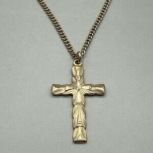 Vtg PPC 14K GF Gold Cross Pendant Matte Ribbon Fold Christ Faith Religious